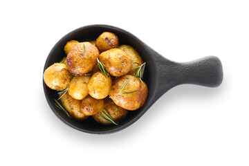 Frying pan with baked potatoes and rosemary on white background