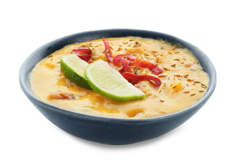 Bowl of tasty chicken curry on white background