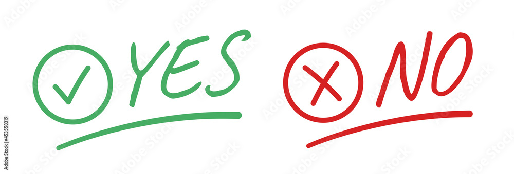 Aufkleber Yes and no text handwritten with checkmark and cross icon