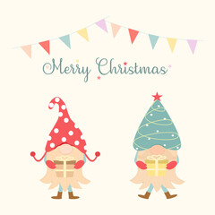 Vector - Cute two Gnome holding gift box with flag and lettering "Merry Christmas" on light yellow background.