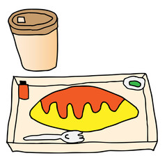オムライス弁当のイラスト（セットコーヒー付き）