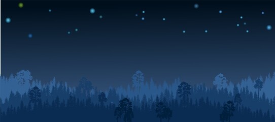 Naklejka premium Pine forest at night. Silhouettes of coniferous trees in the darkness. Sky. Dark landscape horizontally. Panoramic view. Beautifully illustration vector