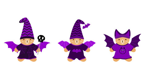 Vector - Set cute Teddy Bear wearing Bat suit with wing and hat. Halloween concept. Violet and black color. Clip art. Holiday season.