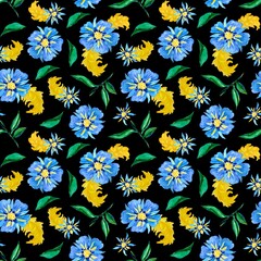 Watercolor seamless pattern with blue flowers and green branches