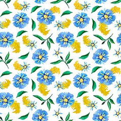Watercolor seamless pattern with blue flowers and green branches