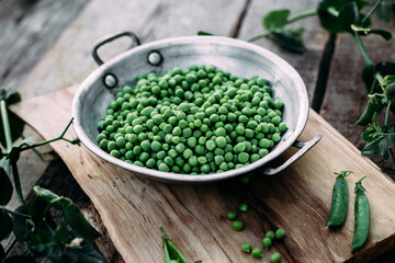 Fresh green peas in a plate. Peas in a pod. Country style