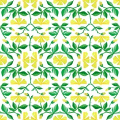 Watercolor seamless pattern with yellow flowers and green leaves, Italian retro mosaic