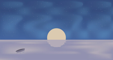 illustration of the sea at night brightly lit by the moonlight and cloudy sky