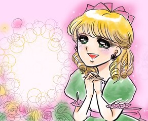 70年代少女漫画ときめく金髪縦ロールお嬢様と薔薇の背景
