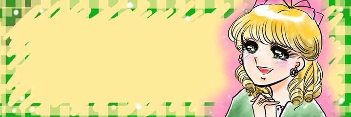 70年代少女漫画ときめく金髪縦ロールお嬢様と吹き出しとチェック柄背景