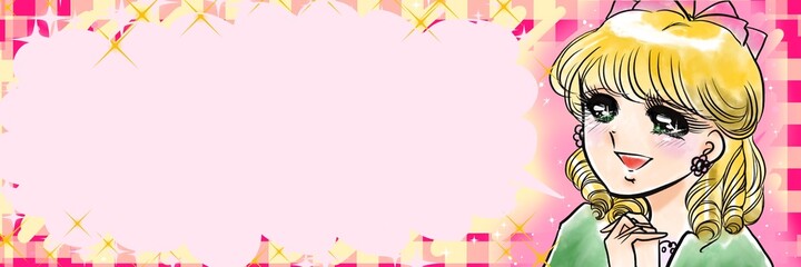 70年代少女漫画ときめく金髪縦ロールお嬢様と吹き出しとチェック柄背景