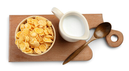Bowl with tasty cornflakes and jug of milk on white background