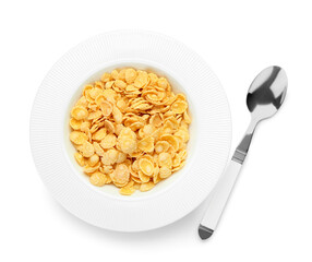 Plate with tasty cornflakes on white background