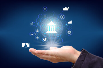 Businessman touching access personal financial data, digital network on blue background, Technology cybernetic of futuristic on networking, Innovation technology against digital cyber crime