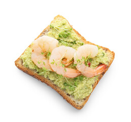 Tasty sandwich with guacamole and shrimps on white background