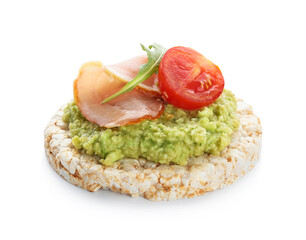 Rice cracker with guacamole, ham and tomato on white background