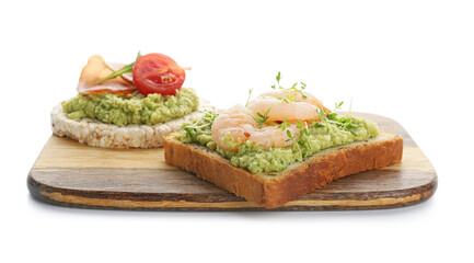 Tasty sandwiches with guacamole on white background