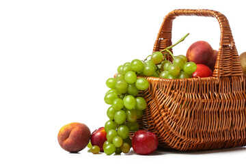 Basket with fresh fruits on white background