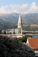 montenegro, budva, church,  tower,  religion, cathedral, city,  travel, town,  mountains, catholic, history, summer, europe, architecture, mediterranean, adriatic, view,  