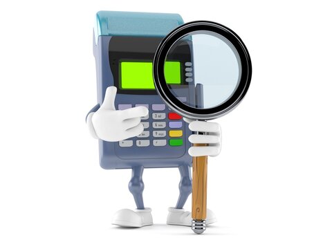 Credit card reader character with magnifying glass