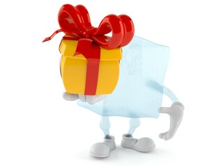 Ice cube character holding gift