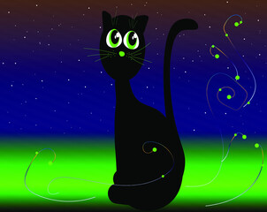 Vector illustration of a mystical black cat on a dark background of the night starry sky. The cat has large, acidic eyes that look up at the sky.