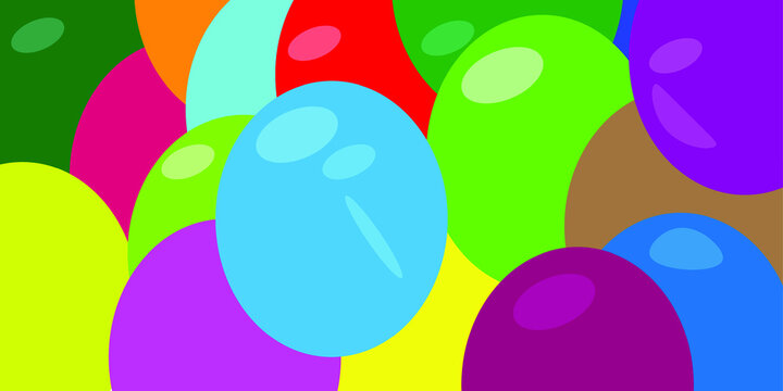 Vector image of multicolored balloons all over the area. A background of colored circles is perfect for birthday and other fun celebrations.