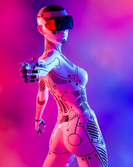 Obraz na płótnie Canvas Woman robot in virtual reality glasses.