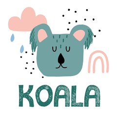  Childrens hand-drawn illustration of a koala. Cute koala head with rainbow. Illustration is suitable for prints, open, posters.