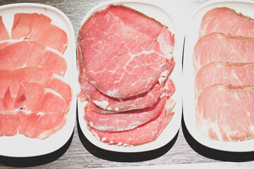 Raw pork slice, raw chicken slice and raw beef slice for hot pot