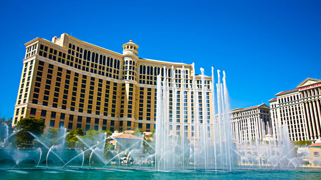 Las Vegas,NV,USA - Oct 10,2017: Fountains of Bellagio in Las Vegas. Fountains of Bellagio, which have featured in several movies, is a large dancing water fountain synchronized to music.