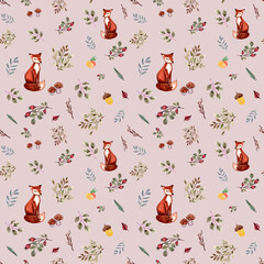 Watercolor autumn background. Seamless pattern with fox, leaves, branches, berries, acorns, mushroom. Hand drawn texture with animal.Greenery nature decorative background perfect for fabric textile. - 453564758