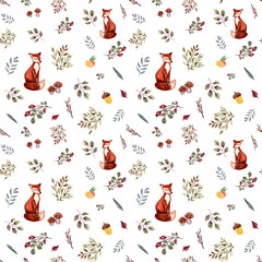 Watercolor autumn background. Seamless pattern with fox, leaves, branches, berries, acorns, mushroom. Hand drawn texture with animal.Greenery nature decorative background perfect for fabric textile. - 453564769