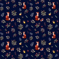 Watercolor autumn background. Seamless pattern with fox, leaves, branches, berries, acorns, mushroom. Hand drawn texture with animal.Greenery nature decorative background perfect for fabric textile. - 453564770