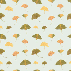 seamless pattern of gingko isolated photo. Branch, foliage, leaves, high quality. Wallpaper autumn and summer colourful illustration.Trendy poster - 453565193