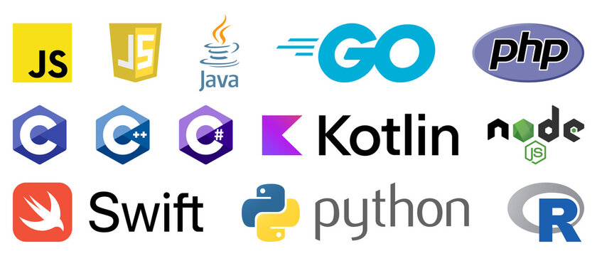 Vinnytsia, Ukraine - August 19, 2021. Popular programming languages set. Python, JavaScript, Java, C , C, C , Go R Swift PHP Nodejs Kotlin Editorial vector logos