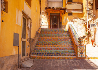 Staircase decorated with typical Sicilian ceramic tiles