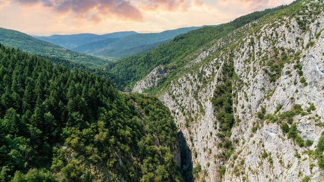 Valla Canyon in Kure mountains with green forests and the sunset in Pinarbasi, Kastamonu, Turkey