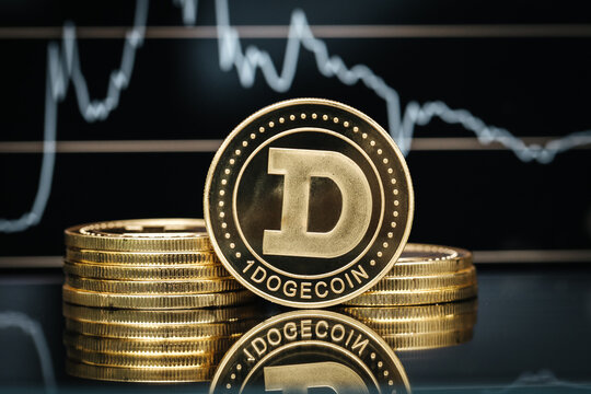 Dogecoin meme coin. Cryptocurrency close-up, in front of a price chart