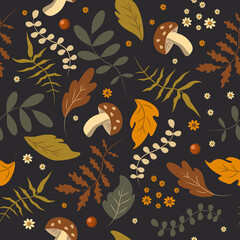 vector seamless pattern with leaves, foliage, mushrooms, plants, flowers and berries in autumn colors. pattern in flat style for printing on fabric, clothing, wrapping paper
