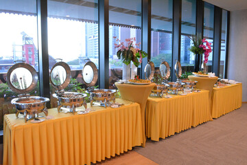 luxury wedding rom dessert buffet party catering with flower decoration fusion halal menu at beautiful hotel restaurant vip ballroom