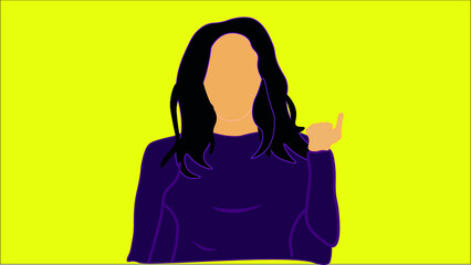 A beautiful women with the black hair standing and showing the direction of the way isolated on yellow background. Female cartoon character showing the direction.