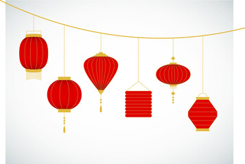 Red Asian lanterns with golden line vector illustration. Chinese style decoration goods.	