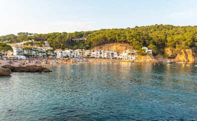 Tamariu beach in the town of Palafrugell in the summer sunset. Girona, Costa Brava in the Mediterranean