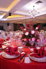 luxury wedding rom banquet sit down buffet party catering with flower decoration fusion halal menu at beautiful hotel restaurant vip ballroom