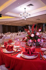 luxury wedding rom banquet sit down buffet party catering with flower decoration fusion halal menu at beautiful hotel restaurant vip ballroom