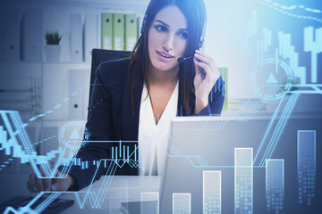 Businesswoman wearing headphones is having video conference call