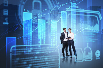 Businessman and businesswoman wearing formal suit are working together