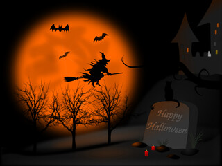 The witch on a broomstick flies over the cemetery to the spooky castle. © nrbrt