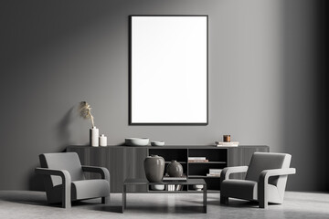 Framed canvas in the dark grey waiting room with two armchairs